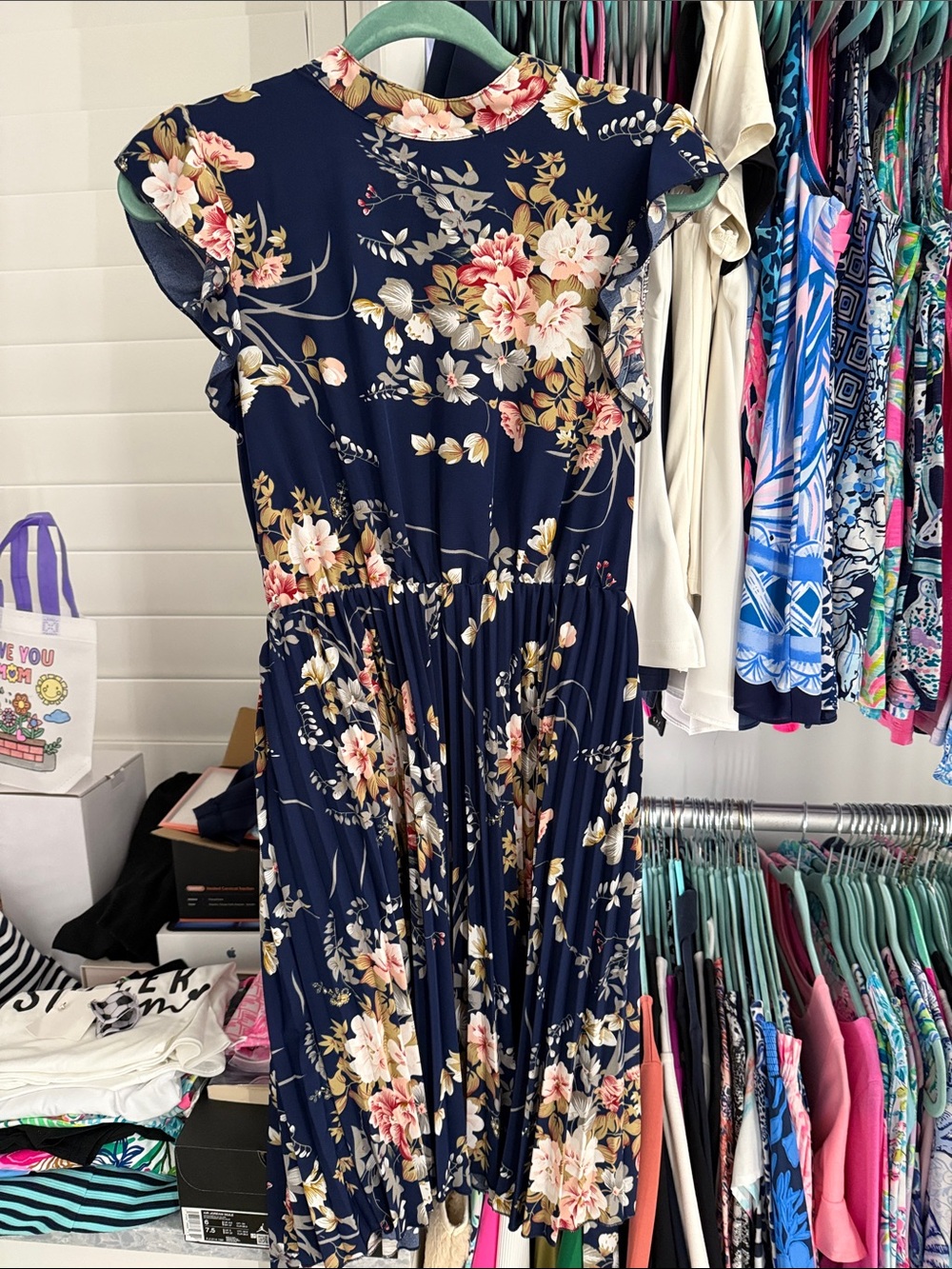 SHEIN Navy Floral Cap-Sleeve Midi Dress
